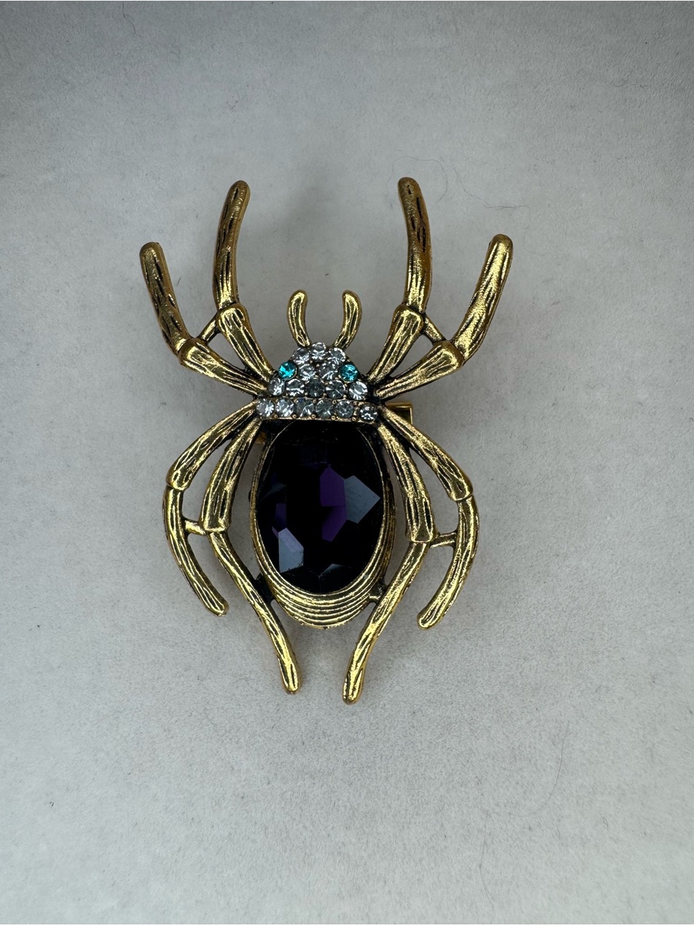 New Gold-Tone Spider Brooch with Deep Purple Stone and Blue Accents